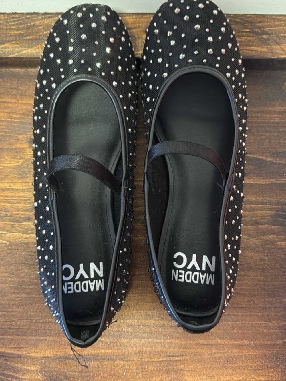 Madden NYC Girls' Black Crystal-Accent Mary Jane Flats